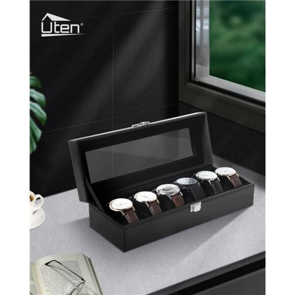 Uten Watch Box Glass Display Organizer 6 Slot PU Leather Case for Men Women - Picture 2 of 8